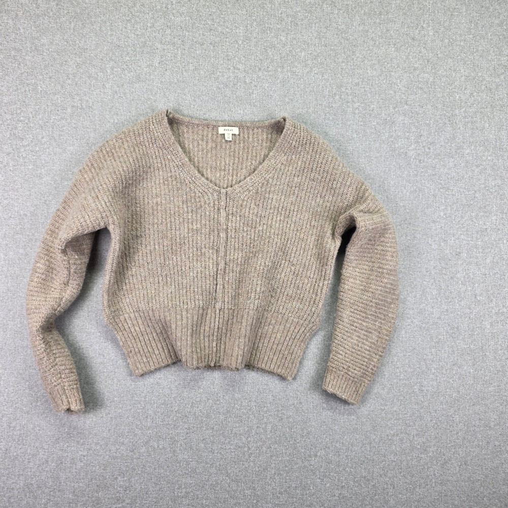 Debut Womens XS Oatmeal V Neck Cropped Ribbed Knit Sweater Y2K Preppy